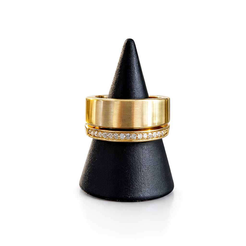 18K Gold Plated Brushed Ring with Half Row of Zirconia