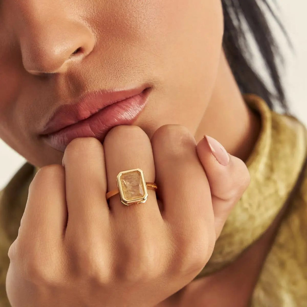 18K Gold-Plated Open-Setting Rectangular Crystal Ring