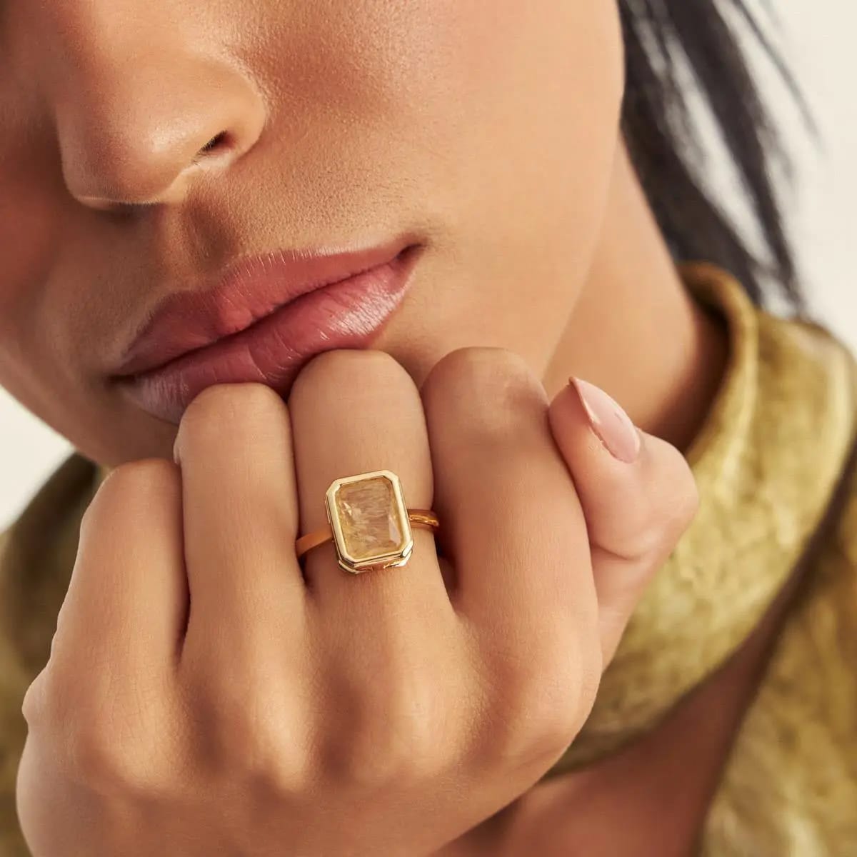 18K Gold-Plated Open-Setting Rectangular Crystal Ring