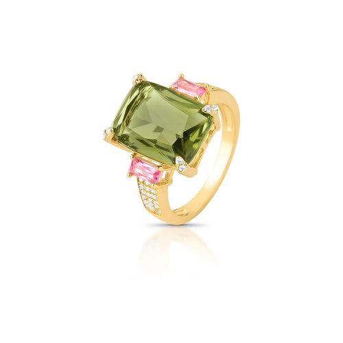 18K gold-plated statement ring featuring a large green crystal, pink baguette crystals and zirconia accents