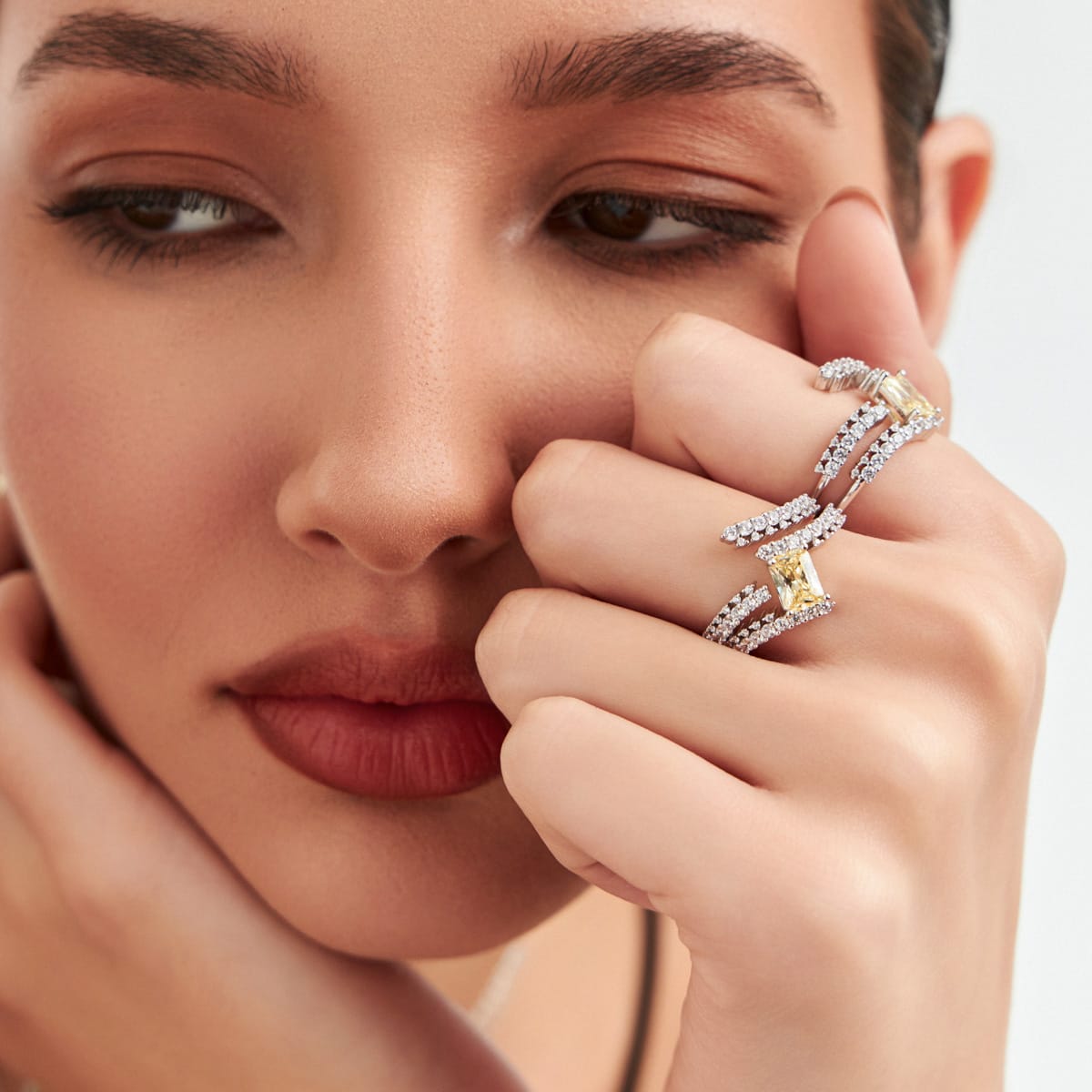 Open Double Ring with Yellow Crystal and Zirconia
