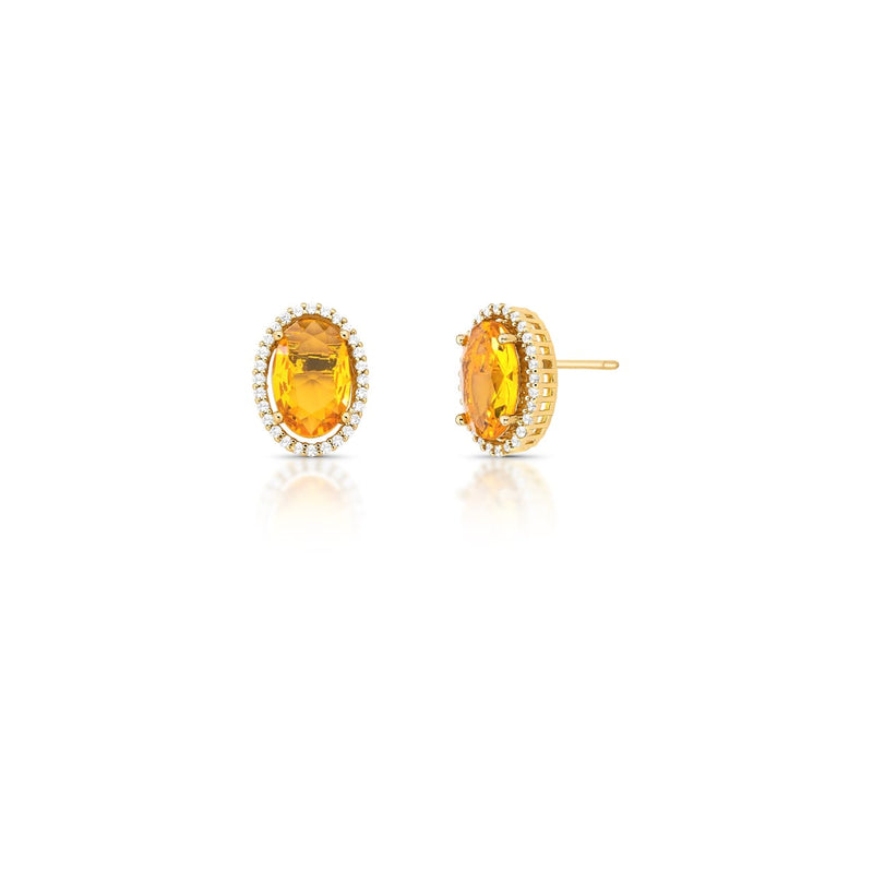 18K gold-plated stud earrings featuring oval amber crystals surrounded by sparkling zirconia