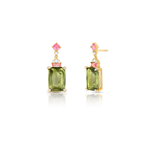 18K gold-plated pendulum earrings featuring green and pink crystals with zirconia accents