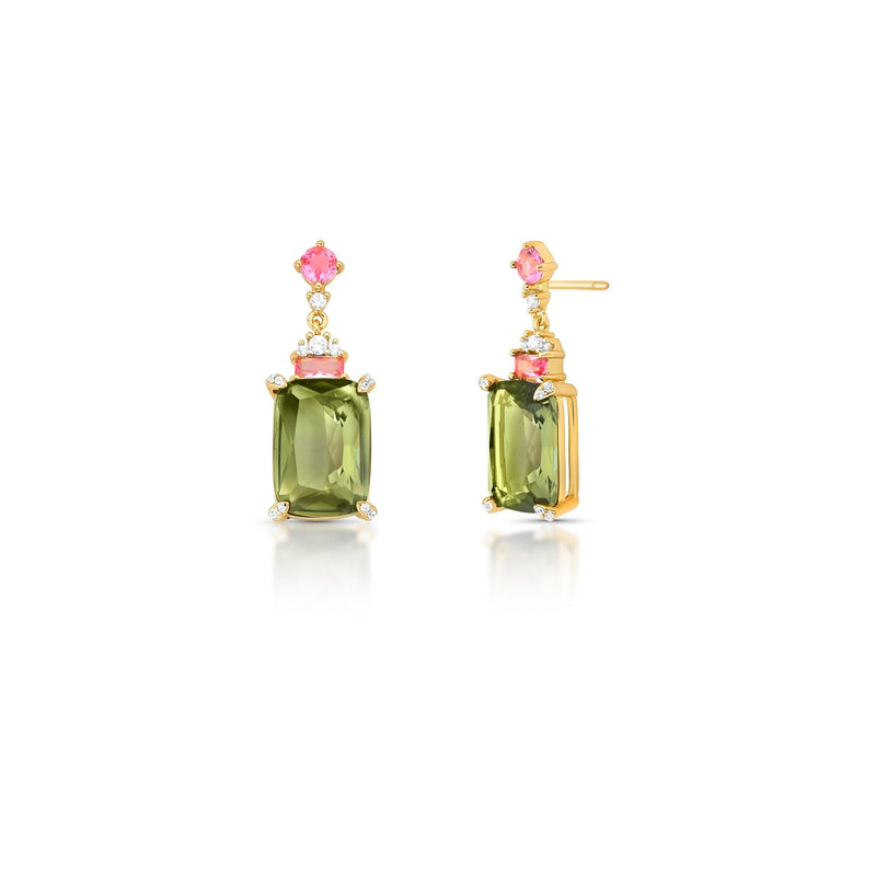 18K gold-plated pendulum earrings featuring green and pink crystals with zirconia accents