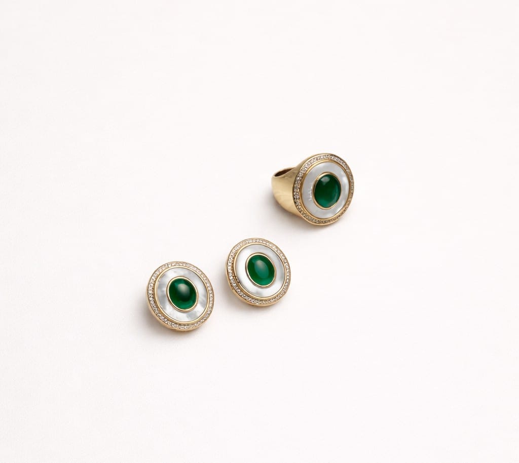 18K Gold-plated earrings featuring a green crystal and mother-of-pearl