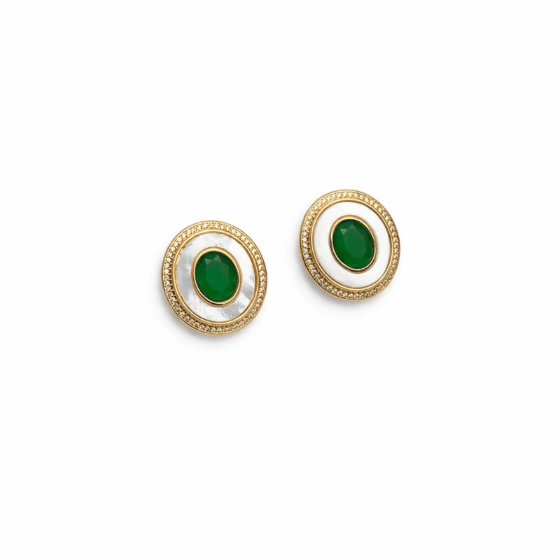 18K Gold-plated earrings featuring a green crystal and mother-of-pearl