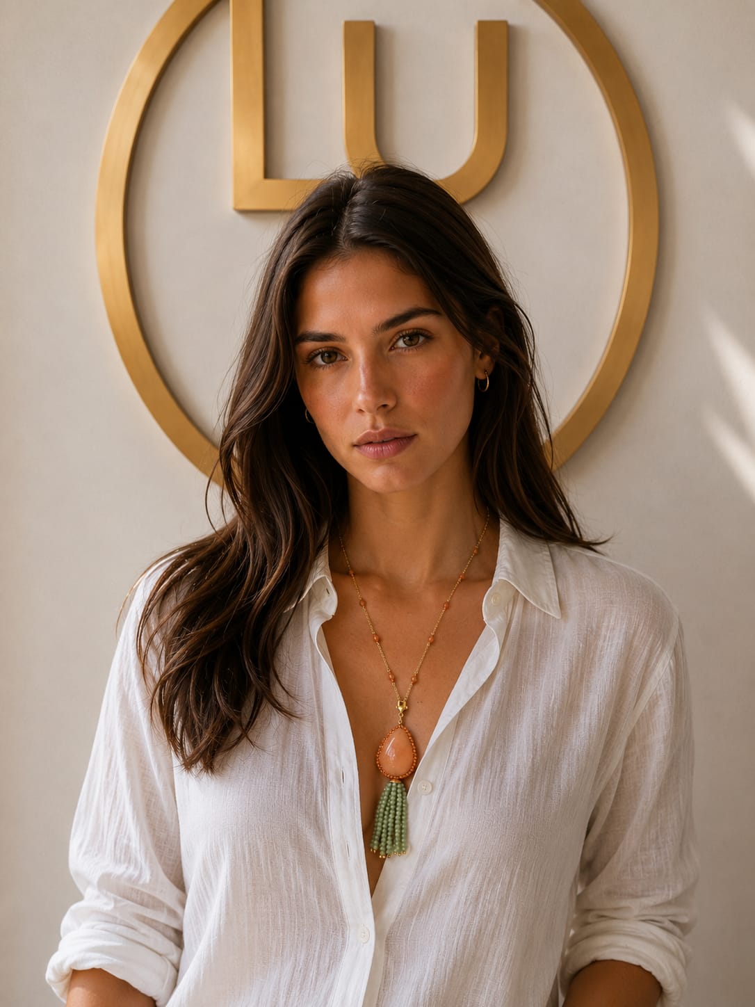 Long Gold-Plated Necklace with an Orange Teardrop Pendant