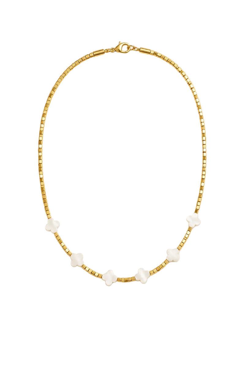 Choker Necklace with Square 18K Gold-Plated Beads and Mother-of-Pearl Clovers