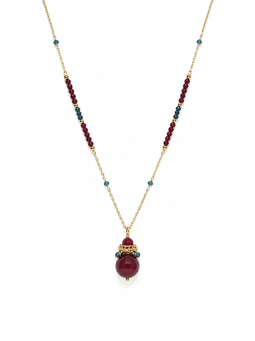 Long Necklace 18K Gold-Plated featuring a Ruby-Colored Crystal Sphere