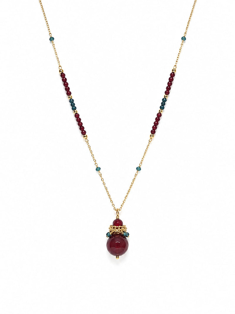 Long Necklace 18K Gold-Plated featuring a Ruby-Colored Crystal Sphere