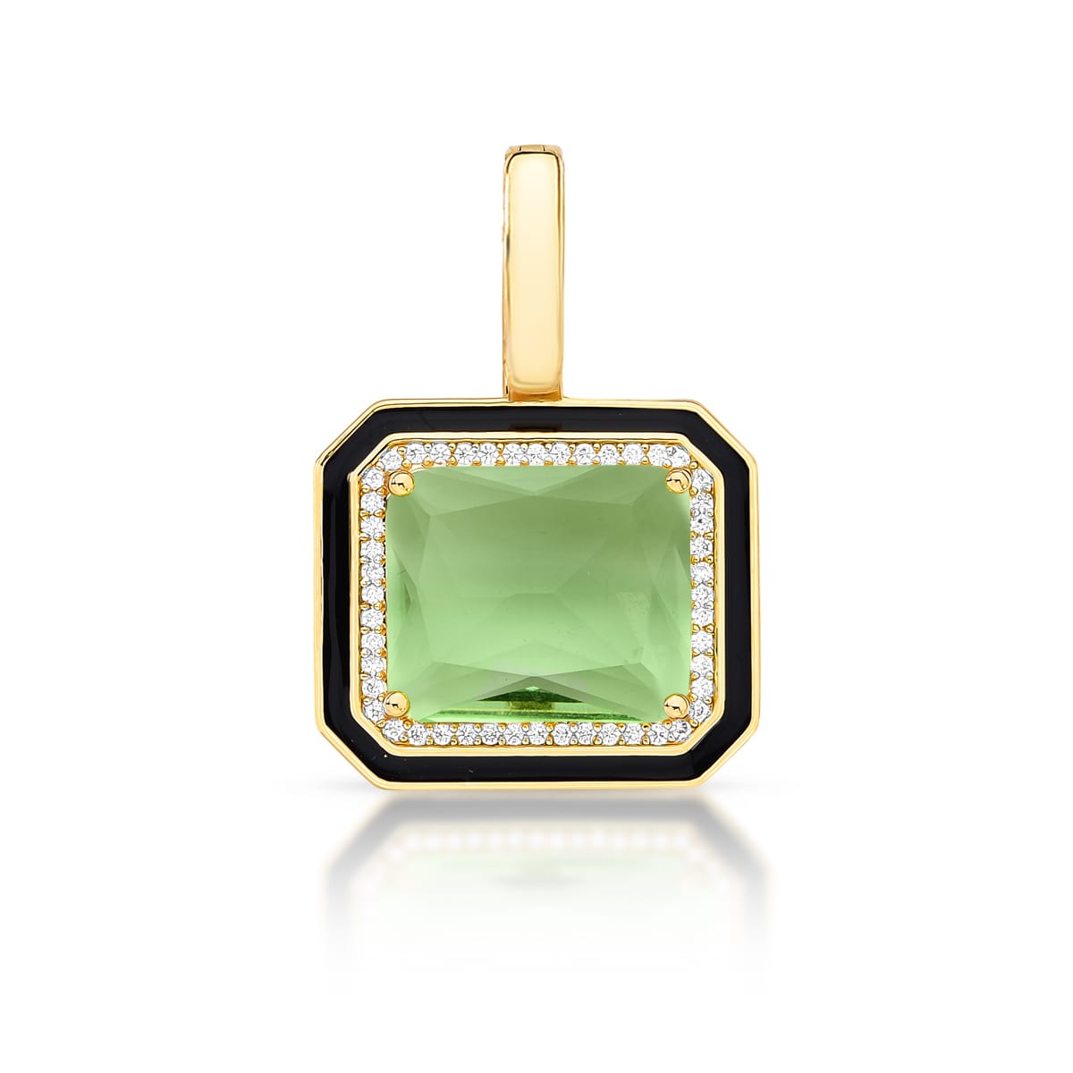 18K gold-plated pendant featuring an emerald-cut green crystal, zirconia, and black enamel