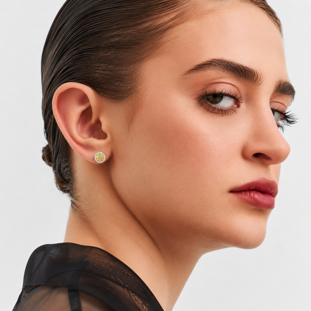 Close-up Yellow Crystal Halo Stud Earrings