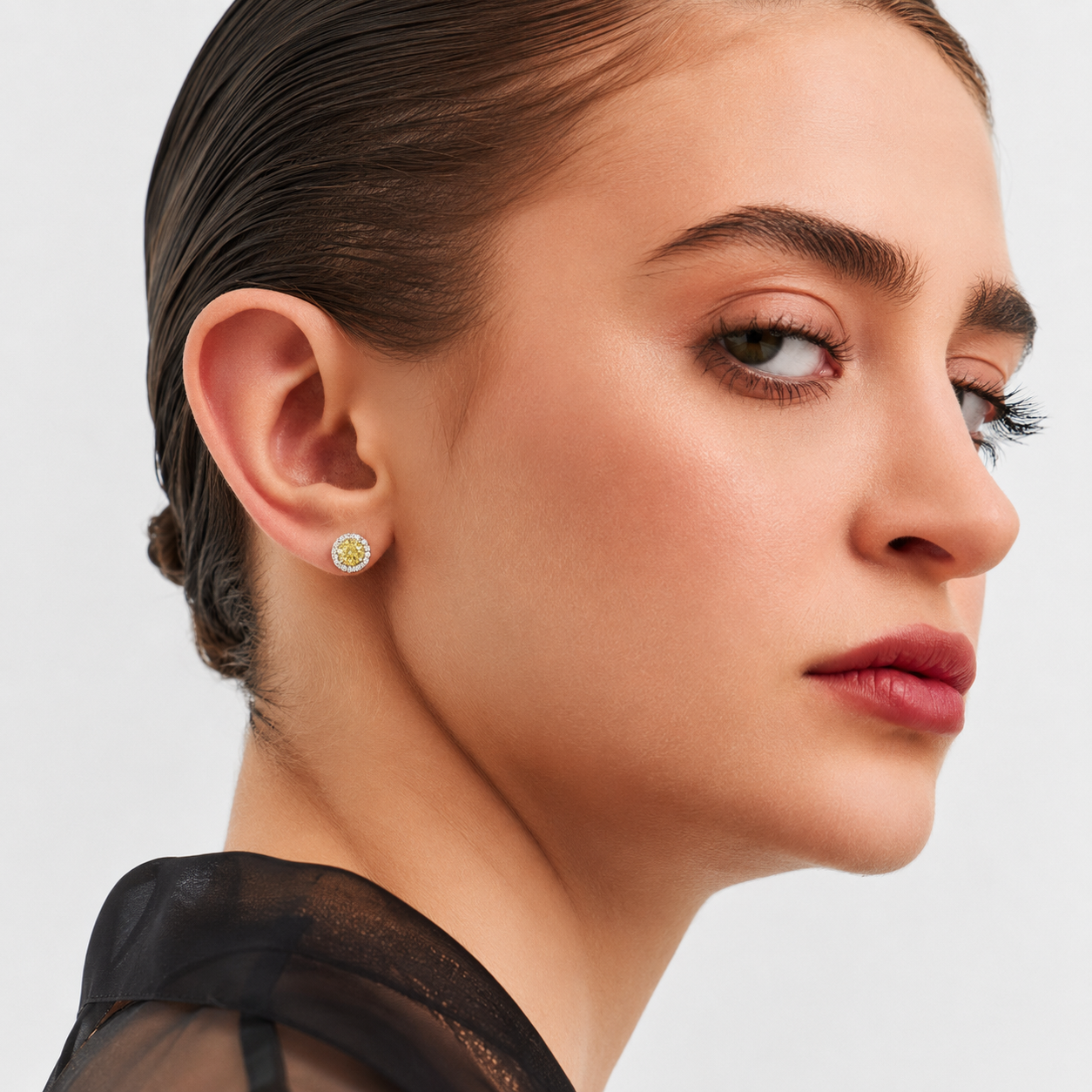Close-up Yellow Crystal Halo Stud Earrings