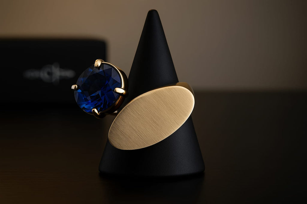 18k gold-plated ring with a matte finish and deep bic blue crystal