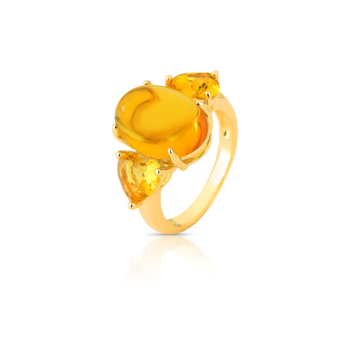 18K gold-plated ring with a smooth oval yellow crystal and two faceted crystals
